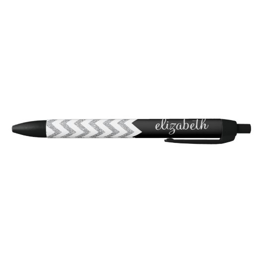 Zwart en zilver Glitter Print Chevrons en naam Zwarte Inkt Pen (Bodem)