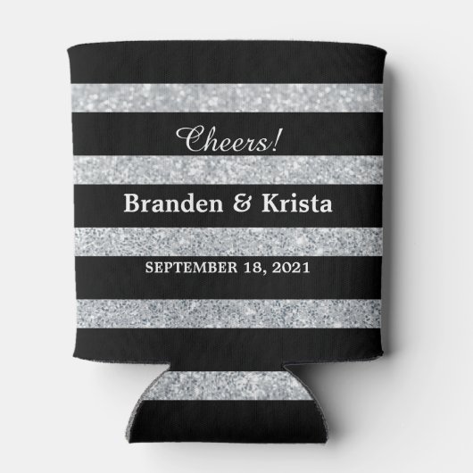 Zwart en Zilver Glitter Stripes | Bruiloft Blikjeskoeler (Achterkant)