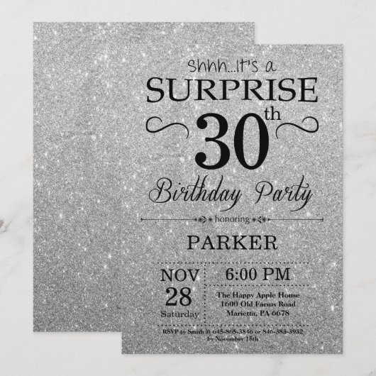 Zwart en Zilver Glitter Verrassing 30e Verjaardag Kaart (Voorkant / Achterkant)