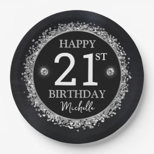 Zwart en zilver glitterconfetti verjaardag papieren bordje
