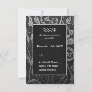 Zwart en Zilver Grijs Damast Wedding - RSVP Kaartje