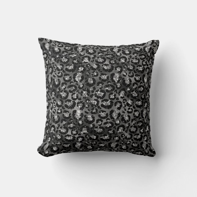 Zwart en zilver grijs luipaardprint kussen (Voorkant)