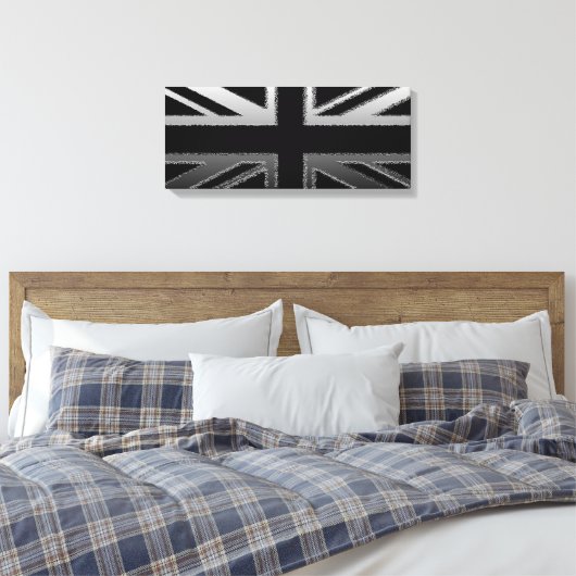 Zwart en zilver grijs Union Jack Canvas Print (Insitu (Slaapkamer))