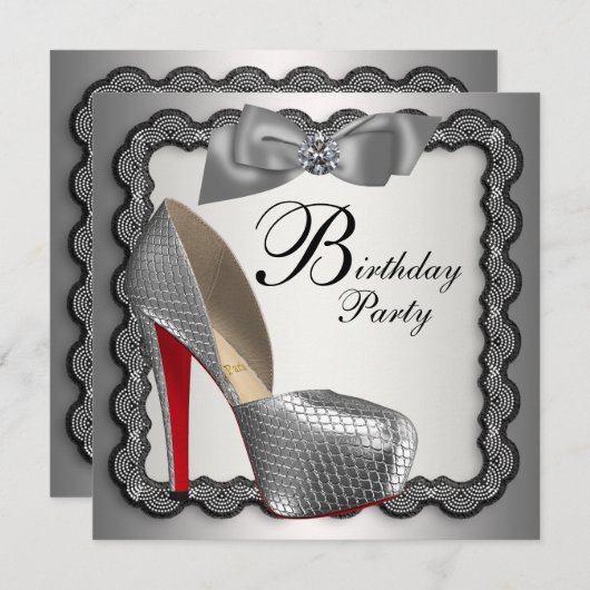 Zwart en Zilver High Heel Shoe Verjaardagsfeest Kaart (Voorkant / Achterkant)