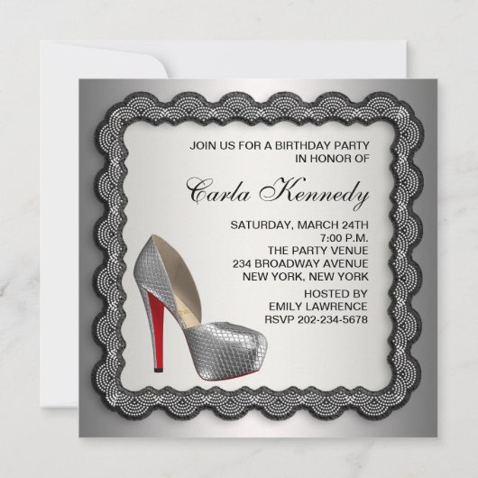 Zwart en Zilver High Heel Shoe Verjaardagsfeest Kaart (Achterkant)