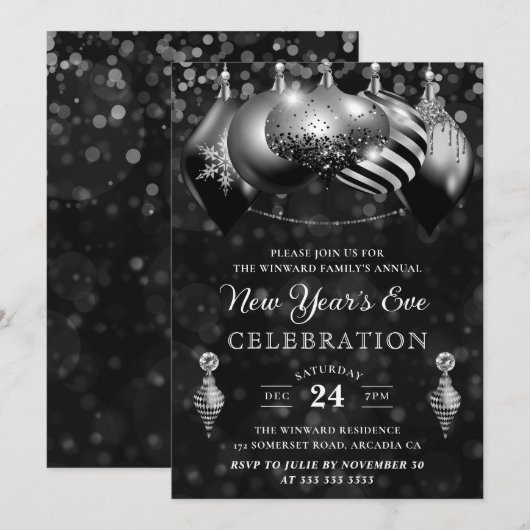 Zwart en zilver Kerstballen Nieuwjaarsfeest Kaart (Voorkant / Achterkant)