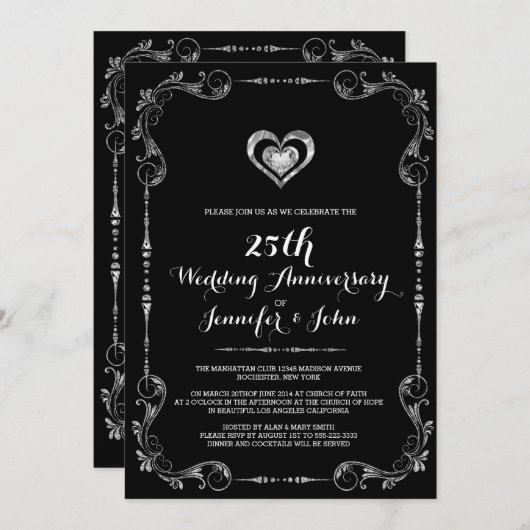 Zwart en zilver Lijst, Heart Silver Jubileum Kaart (Voorkant / Achterkant)