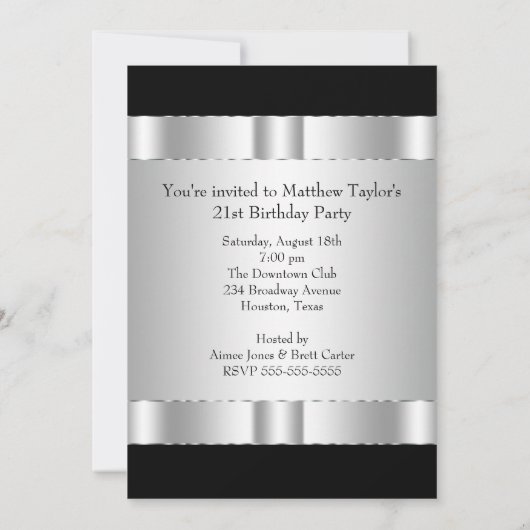 Zwart en Zilver Mans 21ste Verjaardagsfeest Kaart (Achterkant)