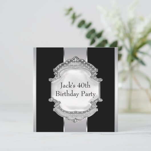 Zwart en Zilver Mans Verjaardagsfeest Kaart (Staand voorkant)