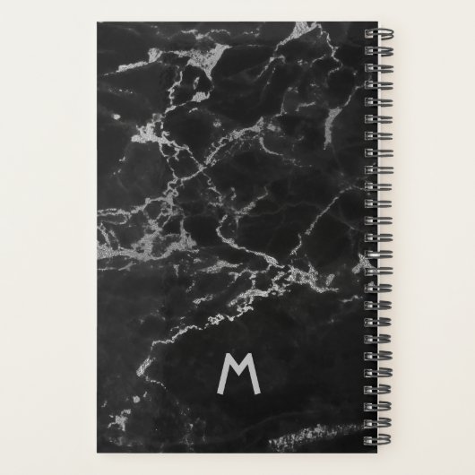 Zwart en zilver marmeren textuur monogram planner (Achterkant)