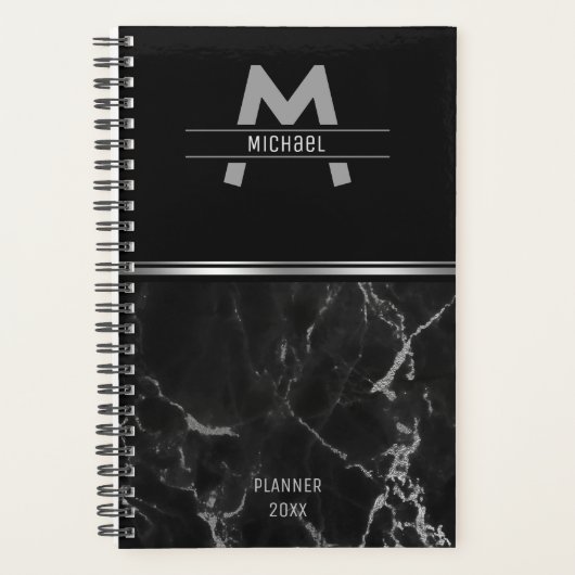 Zwart en zilver marmeren textuur monogram planner (Voorkant)