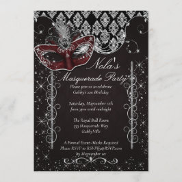 Zwart en Zilver Maskerade Feest Uitnodiging