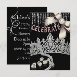 Zwart en zilver met kroon diamanten roze feest kaart