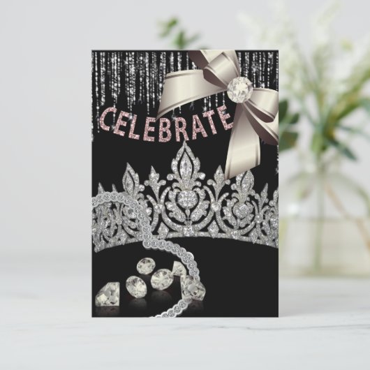 Zwart en zilver met roze kroondiamanten kaart (Staand voorkant)