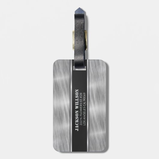 Zwart en zilver metaal bagagelabel (Achterkant verticaal)