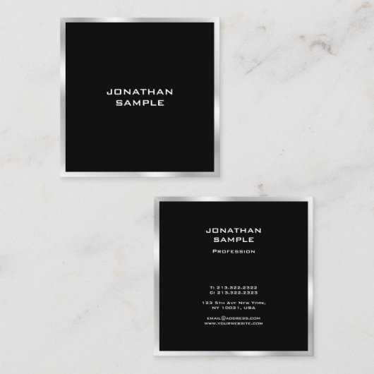 Zwart en zilver Modern Minimalist Professional Vierkante Visitekaartje (Voorkant / Achterkant)