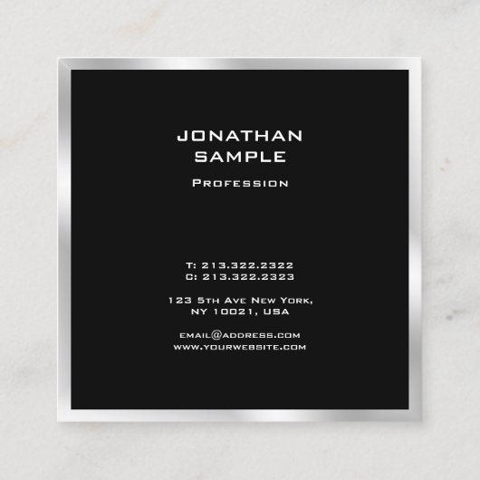 Zwart en zilver Modern Minimalist Professional Vierkante Visitekaartje (Achterkant)