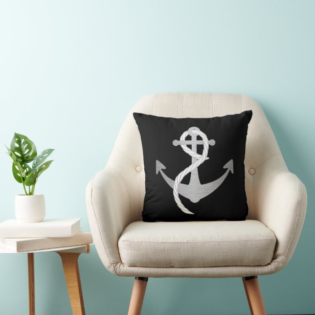 Zwart en zilver Modern Nautical Anchor Sailing Kussen (Stoel)