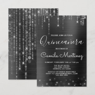 Zwart en Zilver Modern Quinceanera Party Kaart