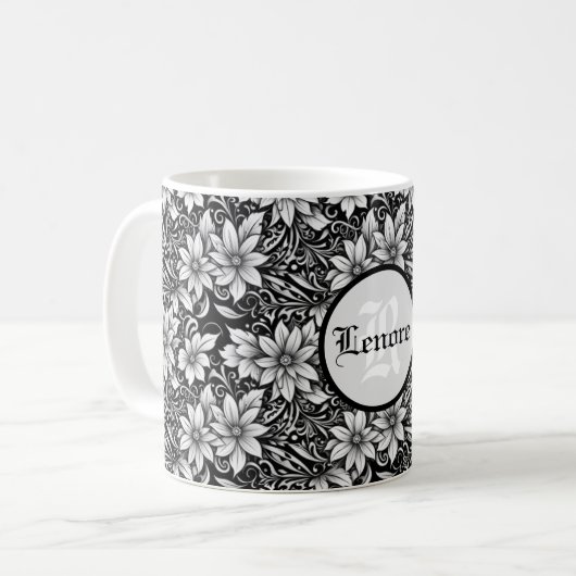 Zwart en Zilver Mooie Bloemen Koffiemok (Voorkant links)