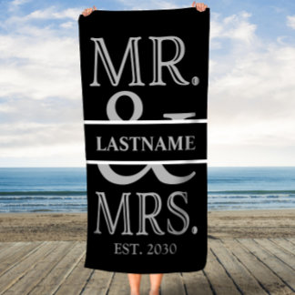 Zwart en zilver Mr. Mrs. gepersonaliseerd Strandlaken