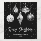 Zwart en Zilver Ornamenten Vrolijk kerstfeest Wijn Etiket (Enkel label)