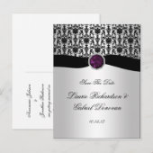 Zwart en Zilver Paarse Juweel Save The Date Aankondigingskaart (Voorkant / Achterkant)