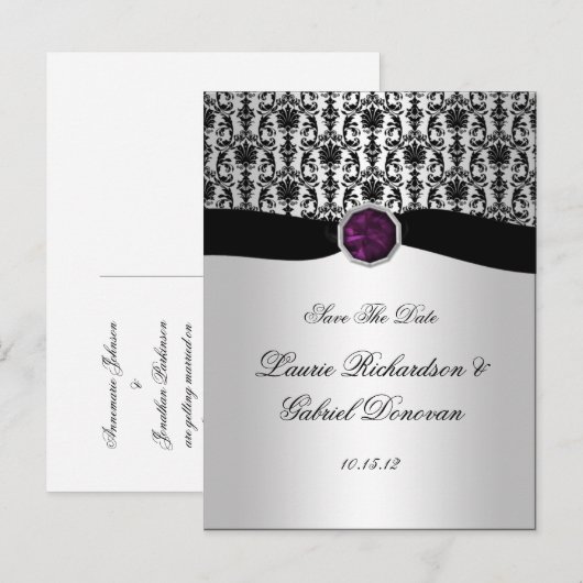 Zwart en Zilver Paarse Juweel Save The Date Aankondigingskaart (Voorkant / Achterkant)