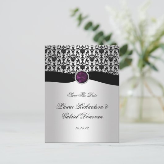 Zwart en Zilver Paarse Juweel Save The Date Aankondigingskaart (Staand voorkant)