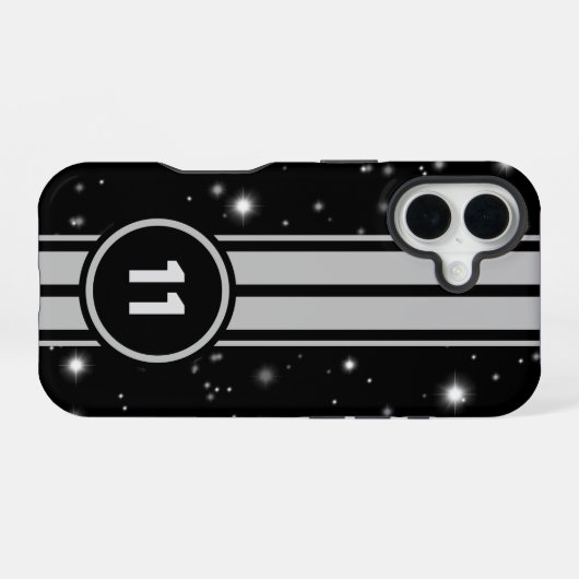 Zwart en Zilver Racing Stripes Starlight iPhone 16 Hoesje (Achterkant horizontaal)