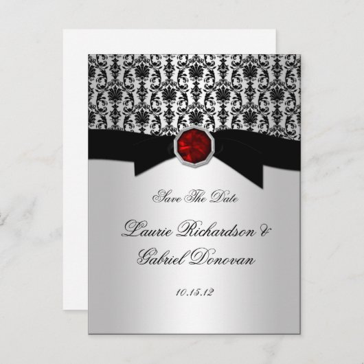 Zwart en Zilver Rood Ruby Jewel Save The Date Aankondigingskaart (Voorkant / Achterkant)