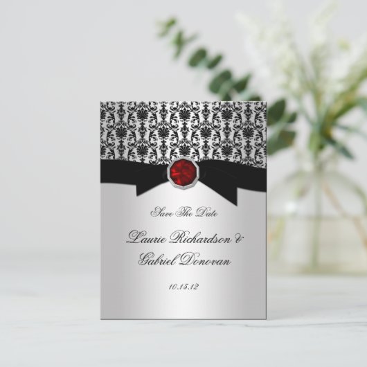 Zwart en Zilver Rood Ruby Jewel Save The Date Aankondigingskaart (Staand voorkant)