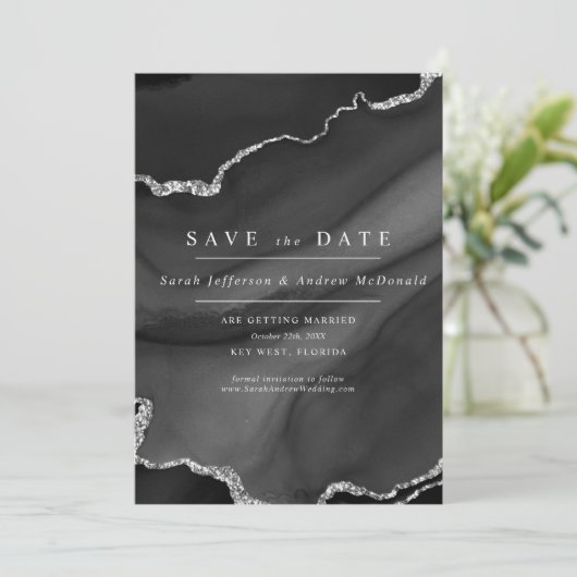 Zwart en zilver Save the Date Kaart (Staand voorkant)