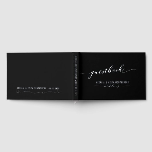 Zwart en zilver script Elegant bruiloft Gastenboek (Volledig)