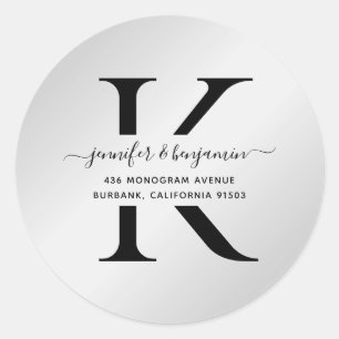 Zwart en Zilver Script Monogram Retouradres Ronde Sticker