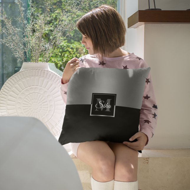 Zwart en zilver split-screen geometrisch ontwerp kussen (Creator heeft geüpload)