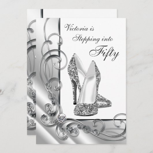 Zwart en Zilver Stepping In 50 Verjaardagsfeest Kaart (Voorkant / Achterkant)