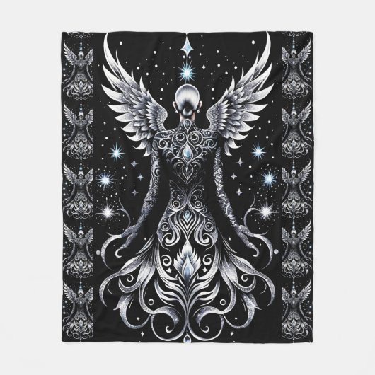 Zwart en Zilver Tattoo Angel Fleece Deken (Voorkant)