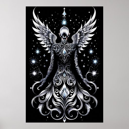 Zwart en Zilver Tattoo Angel Poster (Voorkant)