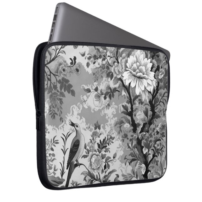 Zwart en Zilver Toile de Fleur Laptop Sleeve (Voorkant Rechts)