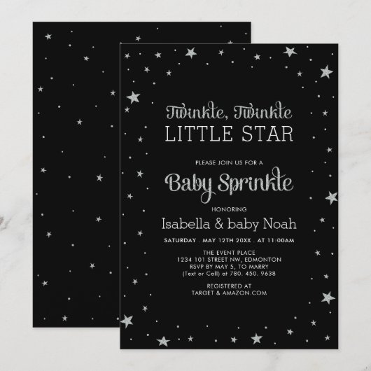 Zwart en zilver | Twinkle Little Star-Baby shower Kaart (Voorkant / Achterkant)