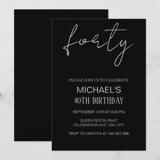 Zwart en Zilver Verjaardag Eviet, zwart zilver Kaart (Voorkant / Achterkant)