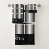 Zwart en zilver vierkantjes en strips bad handdoek (Insitu)