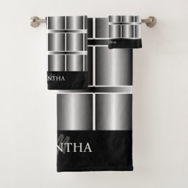 Zwart en zilver vierkantjes en strips bad handdoek