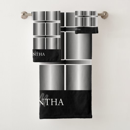 Zwart en zilver vierkantjes en strips bad handdoek (Insitu)