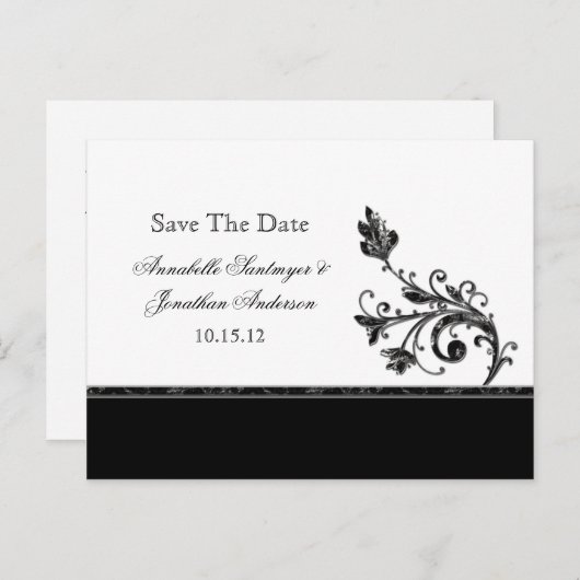 Zwart en Zilver Wervelingen Save The Date Aankondigingskaart (Voorkant / Achterkant)