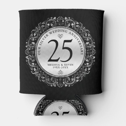 Zwart en zilver wervelt cirkel Lijst 25e bruiloft Blikjeskoeler (Voorkant)
