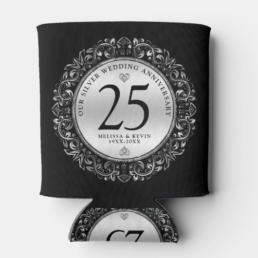 Zwart en zilver wervelt cirkel Lijst 25e bruiloft Blikjeskoeler (Achterkant)