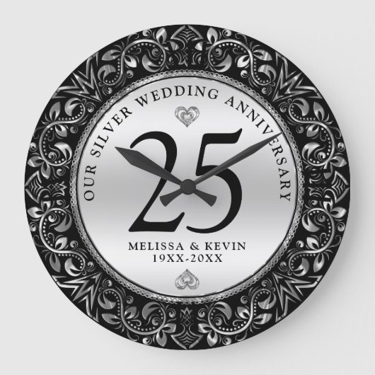 Zwart en zilver wervelt cirkel Lijst 25e bruiloft Grote Klok (Voorkant)