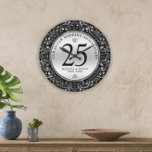 Zwart en zilver wervelt cirkel Lijst 25e bruiloft Grote Klok<br><div class="desc">Zwart en luxe glanzend zilveren draaikolk 25e trouwdag wandklok ontwerp. Zilveren trouwdag. Aangepaste zwarte typografie.</div>